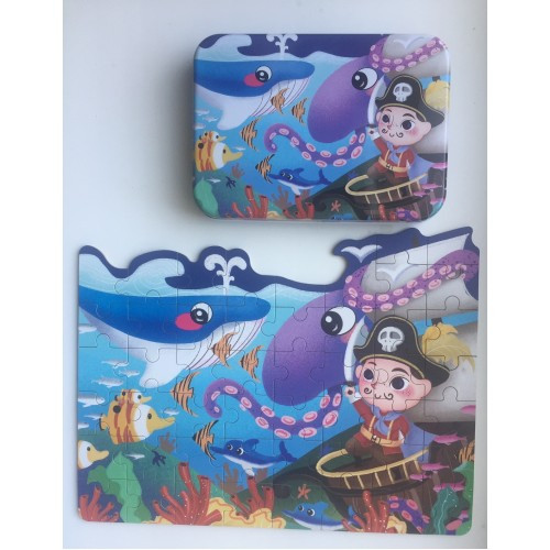 Пазли MD 1757 дерев'яні Пірат в блакитній металевій коробці р. 17х12х3 см.50елементів