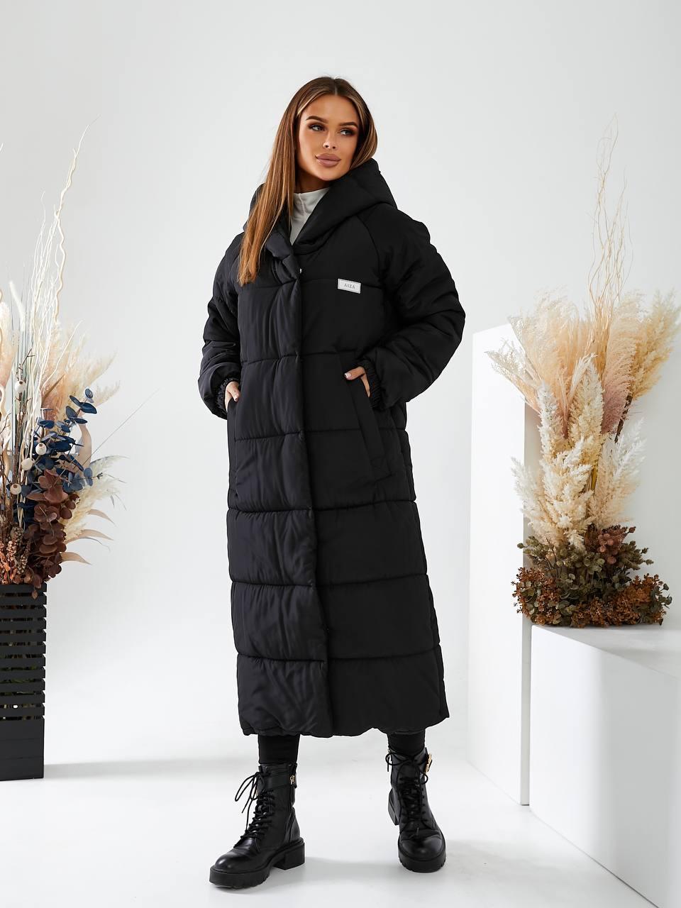 Пальто пуховик ковдра зима оверсайз із капюшоном на блискавці арт. А520 чорного кольору/ чорний, фото 1