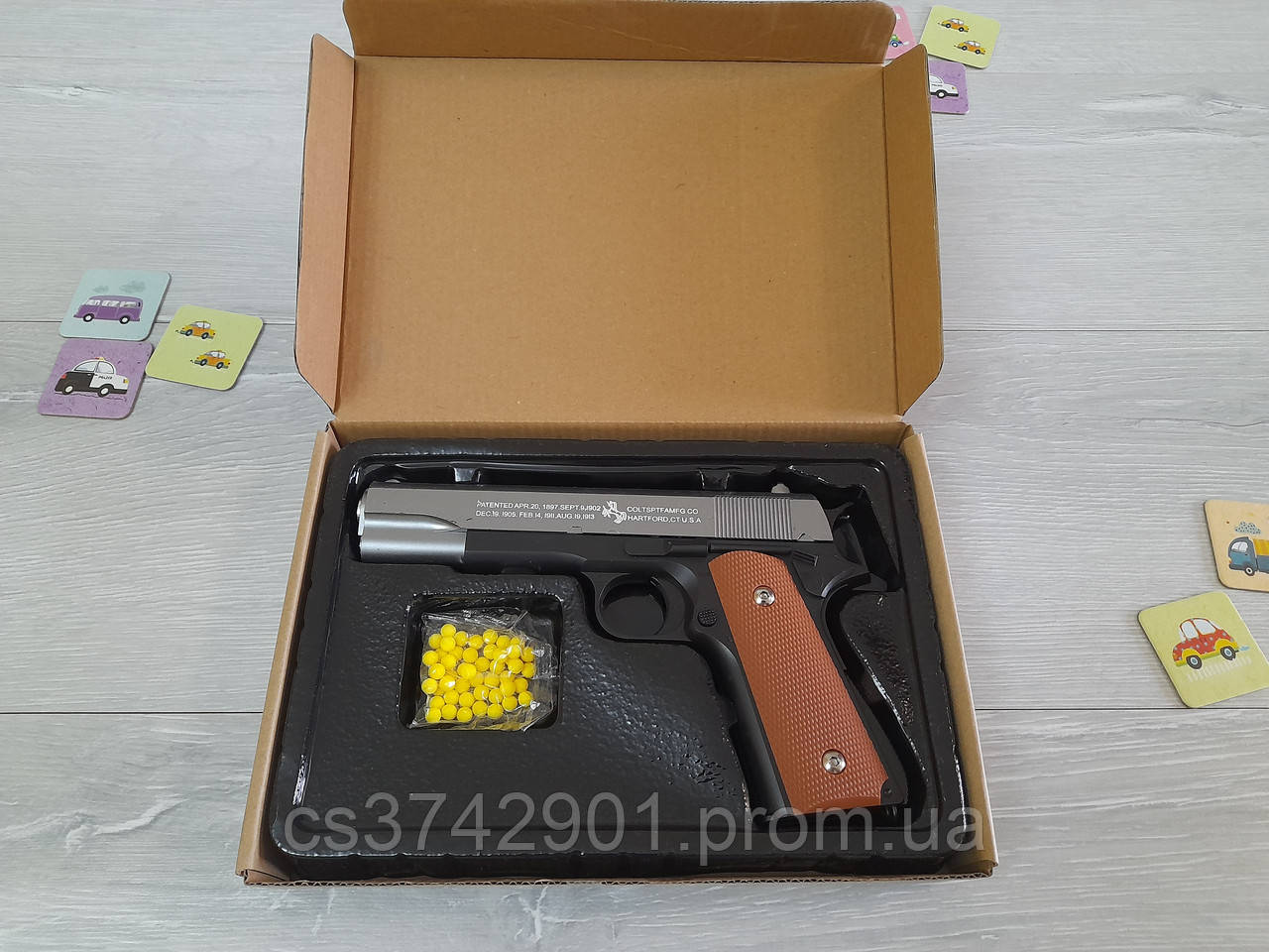 Пистолет на пульках детский, ствол металл, Colt M1911, пульки 6мм, Д ...