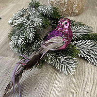 Декоративные розовые птички 21см для украшения елки на клипсе (натуральный пух и перо)