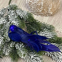 Декоративная синяя птичка на клипсе 18 см для новогодних декораций (натуральный пух и перо)