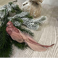 Декоративные розовые птички 22см для украшения елки на клипсе (натуральный пух и перо)