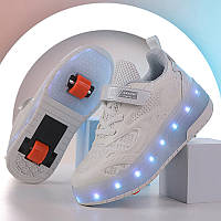 Роликовые светящиеся кроссовки Led на 2 колесах в стиле Heelys, детские и подростковые, белые (RKL-02)