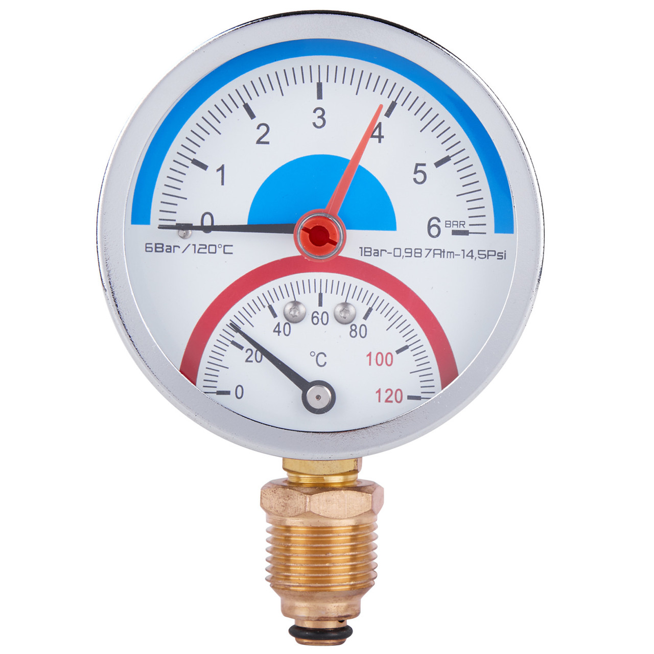 Термоманометр SANDIPLUS на 6 бар з нижнім підключенням 1/2" корпус Ø80 мм 120°C SD1726B, фото 1