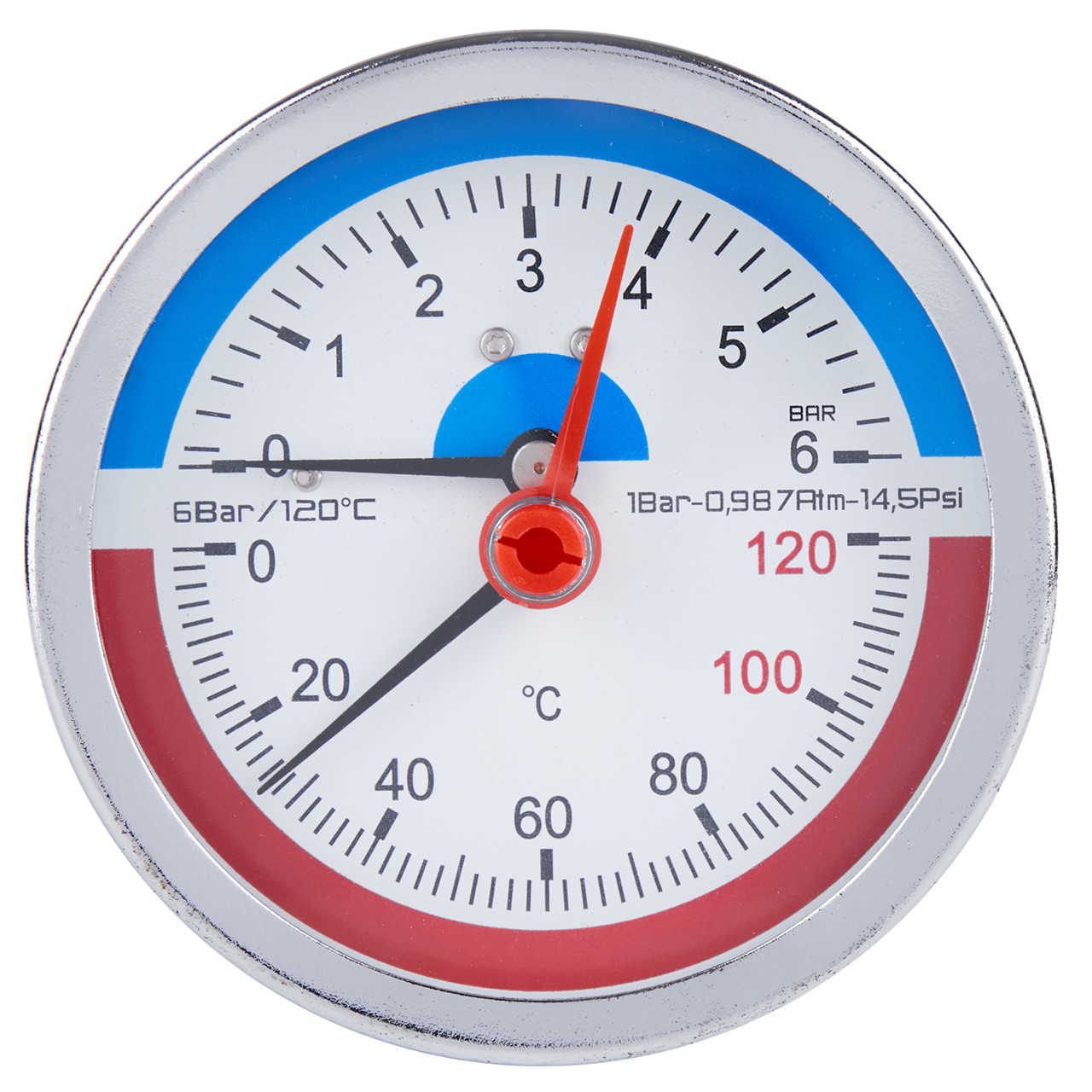 Термоманометр SANDIPLUS на 6 бар із заднім підключенням 1/2" корпус Ø80 мм 120°C SD1736B, фото 1