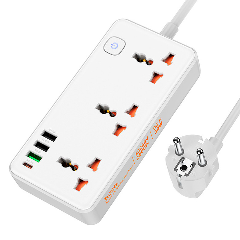 Подовжувач HOCO AC8A 3USB/1Type-C, PD/QC, 3A/30W| White