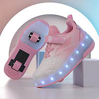 Роликовые светящиеся кроссовки Led на 2 колесах в стиле Heelys, детские и подростковые, розовые (RKL-22)