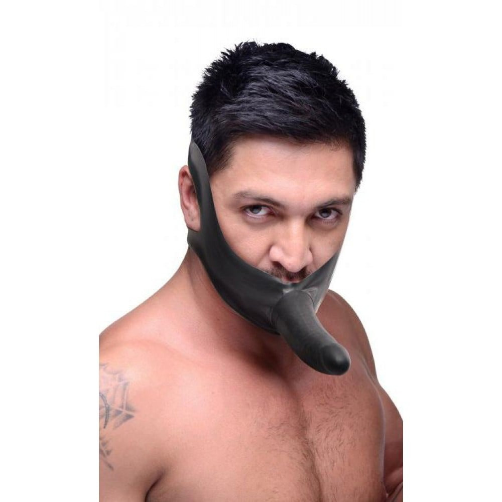 Страпон на голову Face Fuck Strap On Mouth Gag із чорного латексу 18+, фото 1