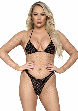 Бодістокінг у велику сітку Leg Avenue Long Sleeved Bodystocking One size Nude, довгий рукав, фото 1