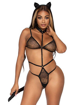 Еротичний костюм кішки Leg Avenue Roleplay Sex Kitten One size Black, боді, вушка, чокер, фото 1