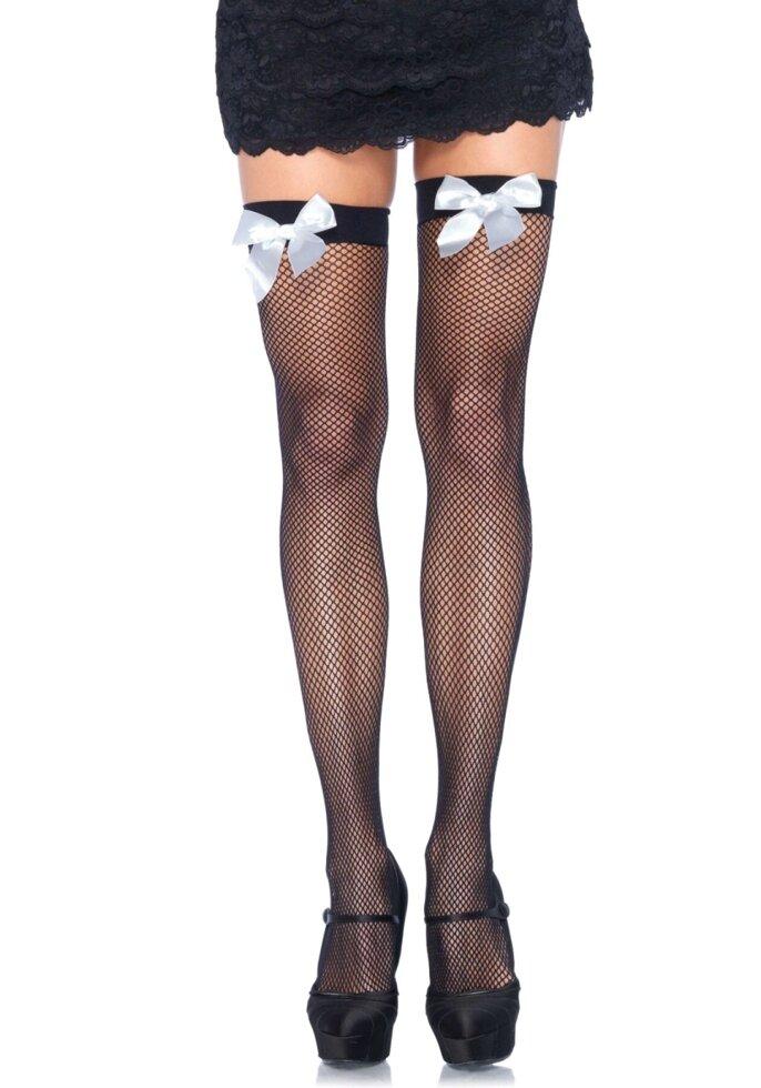 Панчохи-сітка з атласним бантиком Leg Avenue Fishnet Thigh Highs One size, Black, With Bow White