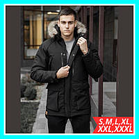 Теплая зимняя длинная мужская куртка парка на меху черная, Модная мужская куртка пуховик с капюшоном на зиму