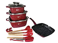 Набор кастрюль с антипригарным покрытием и сковородой в комплекте красного цвета и стеклянными крышками HK-317