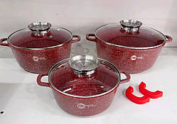 Набір каструль для індукційних плит із потовщеним дном і литими ручками, посуд для дому в червоному кольорі
