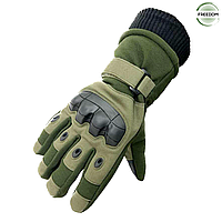 Сенсорные зимние перчатки для военных/ Тактические длинные утепленные перчатки с защитой костяшек оливковые