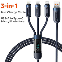 USB Кабель 3 в 1 Toocki 66 Вт С цифровым дисплеем MicroUSB TypeC Lightning 1.2 м