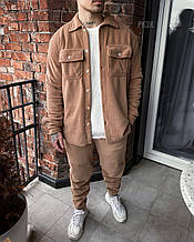 Чоловічий костюм штани сорочка з кишенями (бежевий) гарний теплий стильний комплект монохром фліс sPk2k