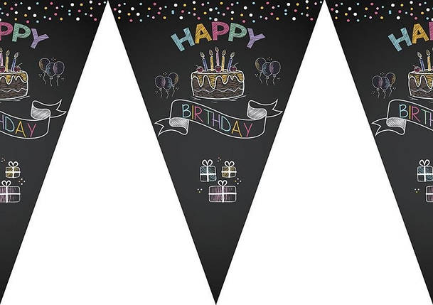 Прапорці вимпели паперові Happy Birthday неоновий торт | Чорний, фото 1