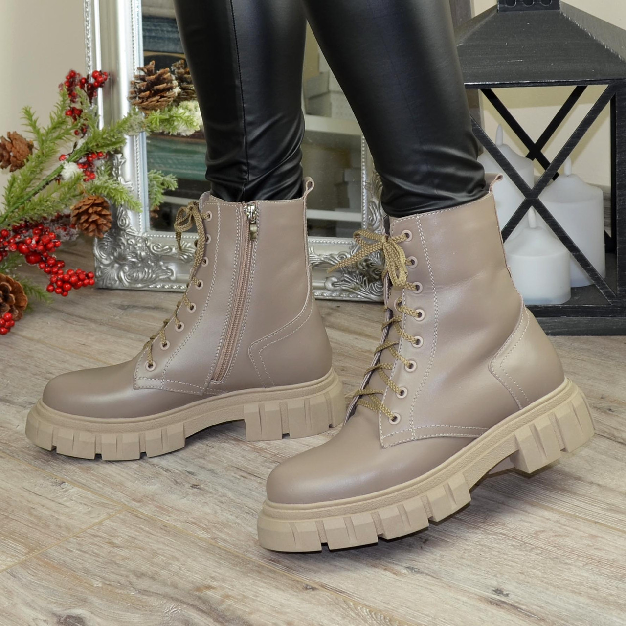 Черевики жіночі шкіряні на шнурівці. Колір візон, фото 1