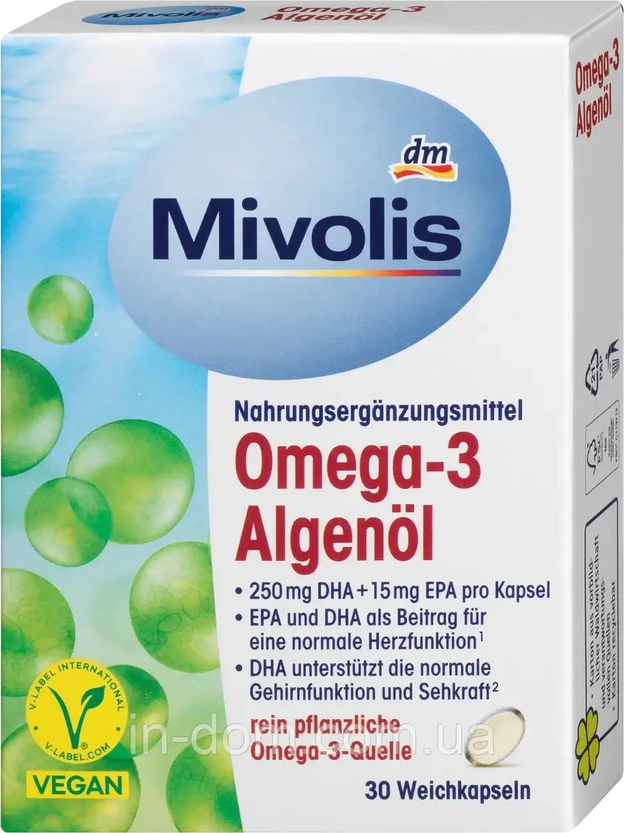 Mivolis Omega-3 Algenöl Омега-3 Олія водоростей 250 мг DHA + 15 мг EPA 30 шт.