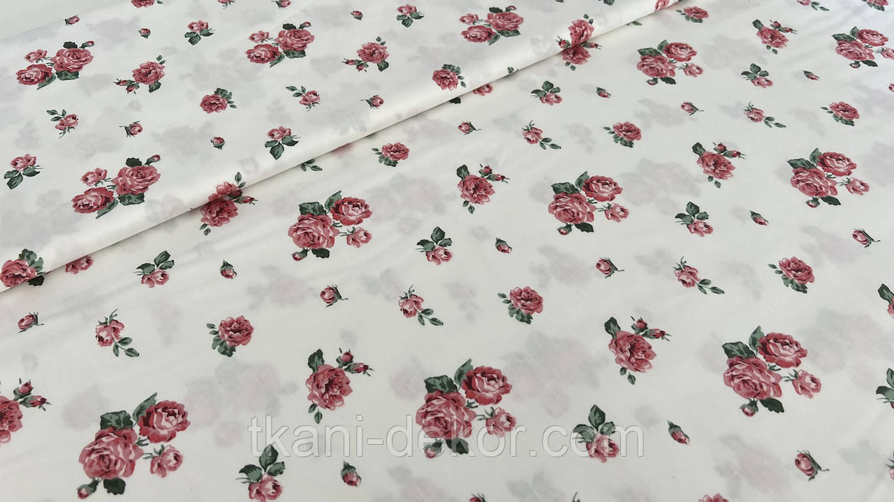 Сатин (бавовняна тканина) рожеві трояндоячки, фото 1