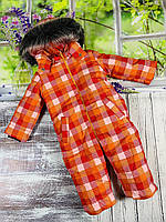 Дитячий зимовий комбінезон суцільний для дівчинки та для хлопчика "Клітинка помаранчева" (розміри 86, 92 та 98 см)