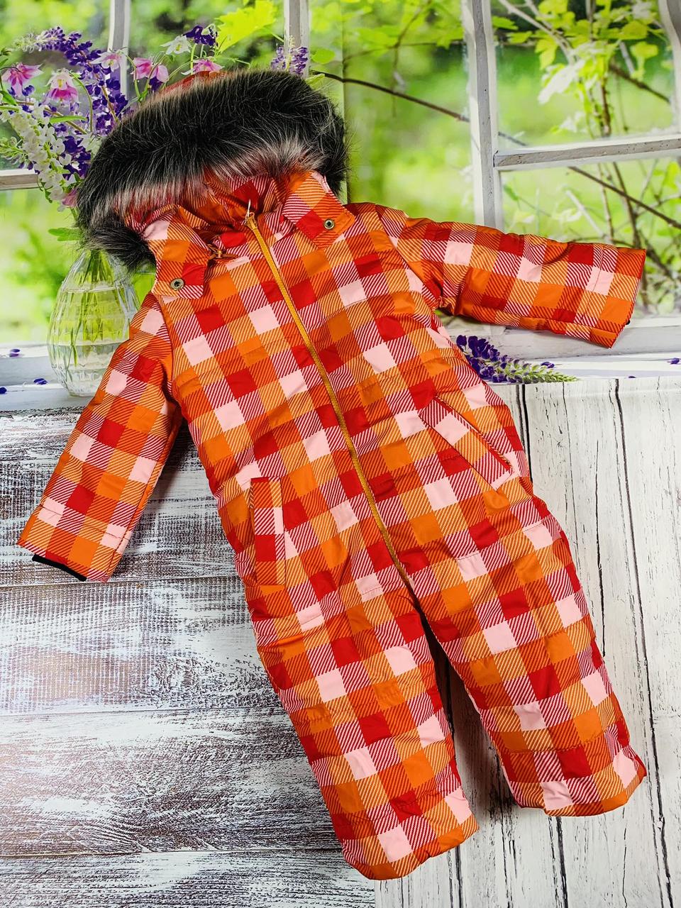 Детский зимний комбинезон цельный для девочки и для мальчика "Клетка оранжевая" (размеры 86, 92 и 98 см) - фото 1 - id-p1473488097