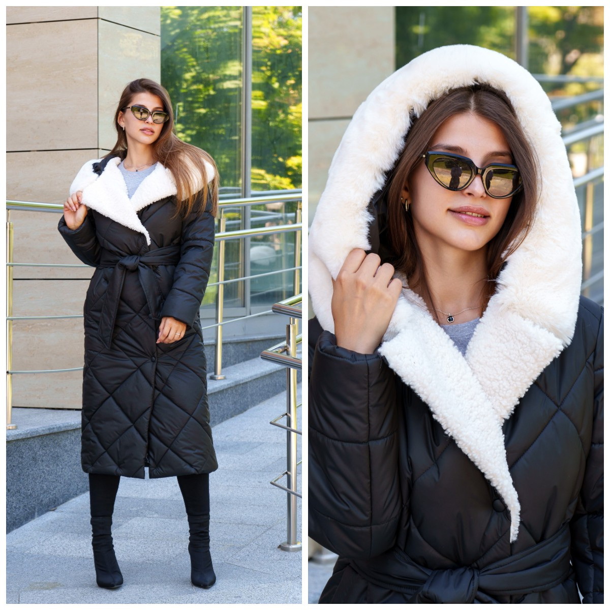 Жіноче зимове пальто з капюшоном ПВ-319 чорний+білий, розміри 42-58, фото 1