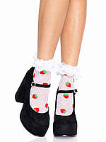 Шкарпетки жіночі з полуничним принтом Leg Avenue Strawberry ruffle top anklets One size, мереживні манжети (секс-білизна)