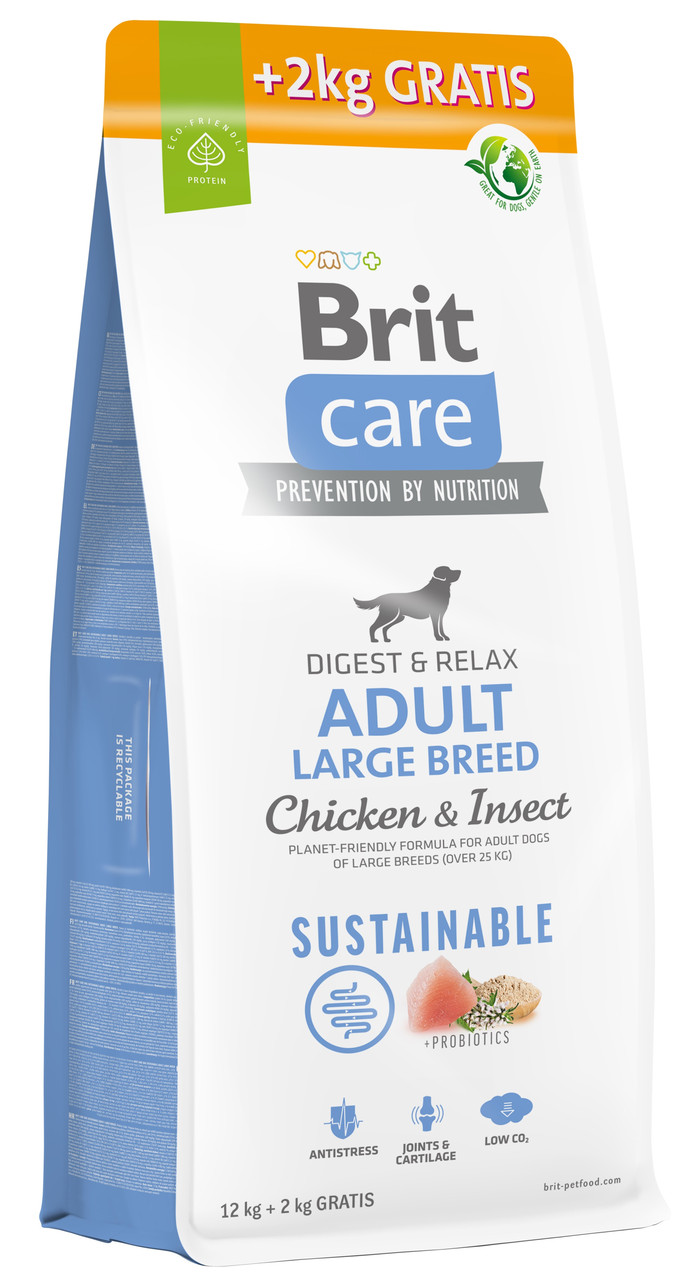 Сухий корм для собак великих порід із куркою та комахами Brit Care Dog Sustainable Adult Large Breed 12+2 кг