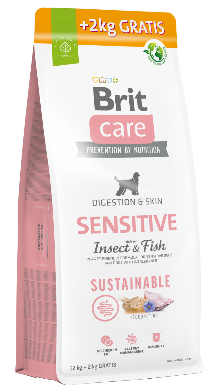 Сухий корм для собак з чутливим травленням з білком комах та рибою Brit Care Dog Sustainable Sensitive 12+2 кг