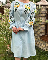 Ніжна вишита сукня аквамариного кольору з лимонами "Італіка"