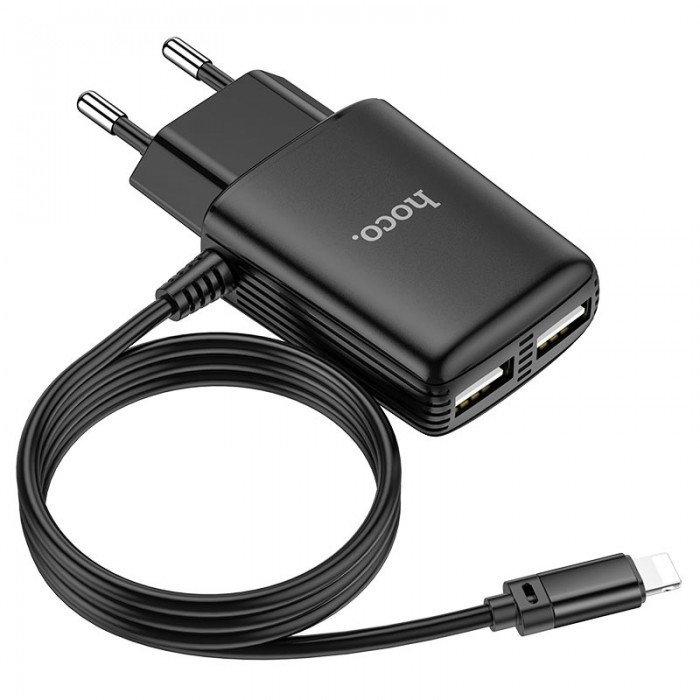 Зарядное устройство HOCO C82A Real power два USB порта Lightning со встроенным кабелем Чёрный - фото 1 - id-p1964641393