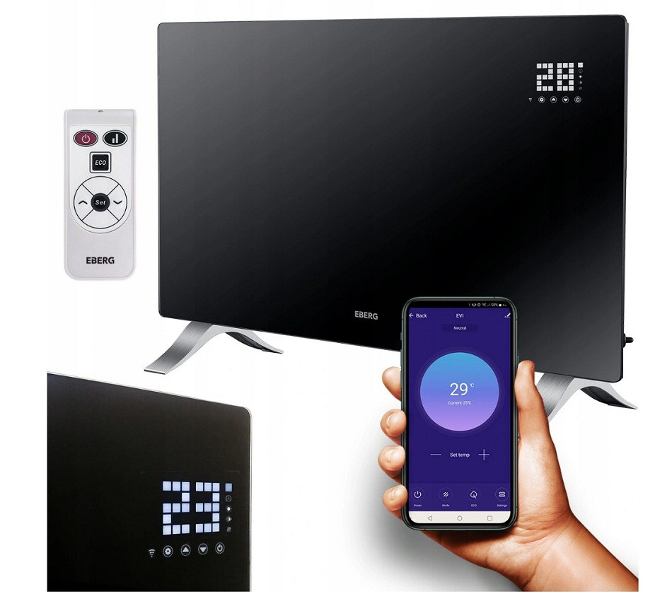 Конвекторний нагрівач зі скляною панеллю чорний EBERG EVI PRO + ПУЛЬТ!, фото 1