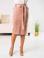 Молодежная замшевая модная юбка длины миди, юбка с разрезом спереди, в комплекте с поясом.