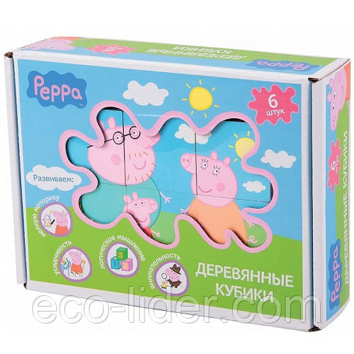 Деревянный игровой набор Peppa КУБИКИ ПЕППЫ (6 кубиков 4,5х4,5 см, 6 картинок-подсказок) - фото 1 - id-p344771040