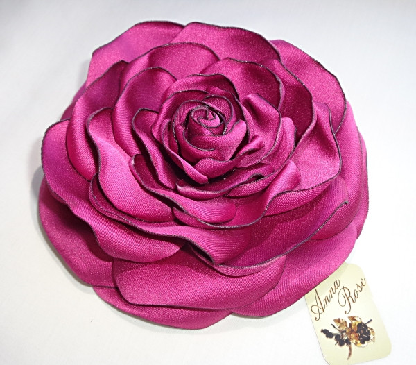 Брошка велика квітка з тканини ручної роботи "Троянда колір фуксії"