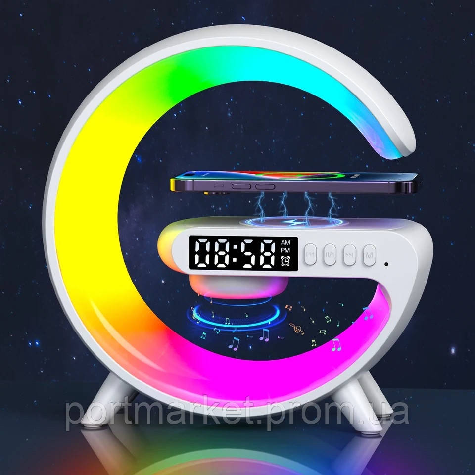 Нічник акумуляторний RGB Mini G 63 з бездротовою зарядкою 15 W і Bluetooth колонкою Настільна смарт лампа