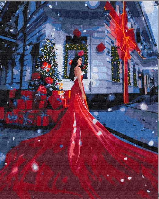 Картина Малювання за номерами Дівчина в червоній сукні 40х50 За мить до свята Зима Новий рік Brushme BS52708