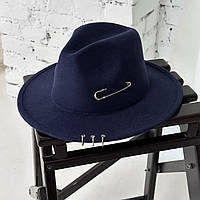 Шляпа Федора темно-синяя с кольцами и булавкой унисекс