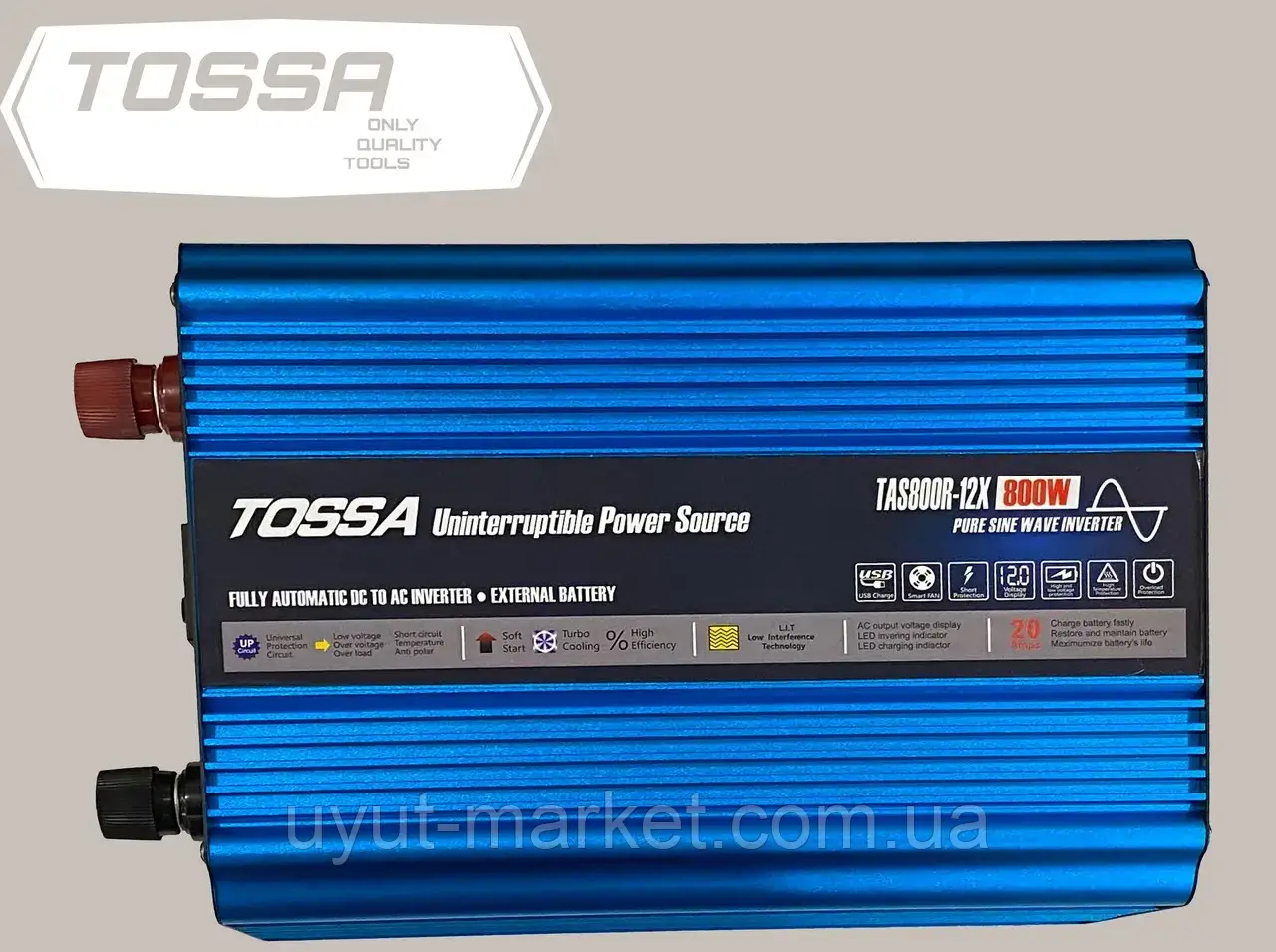 Інвертор 12-220V перетворювач напруги чистий синус 800W Tossa TAS800R-12X, 2 USB з функцією UPS