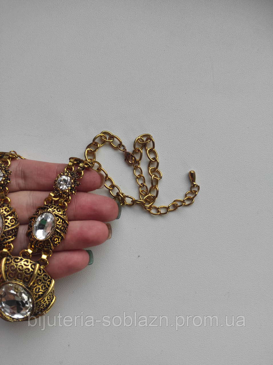 Золотистая бронзовая подвеска колье цепь на шею со стразами крупные камни - фото 4 - id-p255801671