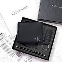 Мужской кожаный кошелек черный Calvin Klein Jeans подарочный набор из натуральной кожи кошелек ручка брелок