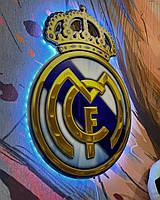 Объёмная, золотая эмблема с LED подсветкой ФК "Реал Мадрид", FC Real Madrid, 40х29 см, футбольный декор.