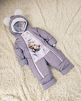 Теплий дитячий комбінезон 68-80 розмір, принт Ведмедик на місяці, сірий