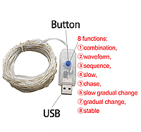 Гірлянда світлодіодна нитка "роса" на дроті 5 м, 50 LED з USB, 8 режимів, теплий білий