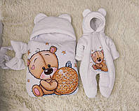 Зимний комплект для новорожденных на выписку, белый принт Медвежонок
