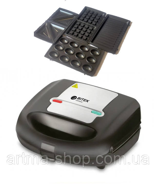 Мультимейкер BITEK 4 в 1 Потужність 750Вт зі змінними формами BT-2689 гриль, ліщина, вафельниця, сендвічниця, фото 1