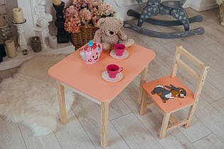 Столик дитячий прямокутний з ящиком та стільцем Зайчик 46х60х45 см Персиковий (5431-4031)