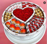 Подарочный набор "Премиум" XXL с Сердцем для девушки, жены, маме в коробке со сладостями и цветами